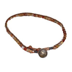 VTG Agate Brown White Beaded Leather Choker W Loop Button Closure 10mm 14”